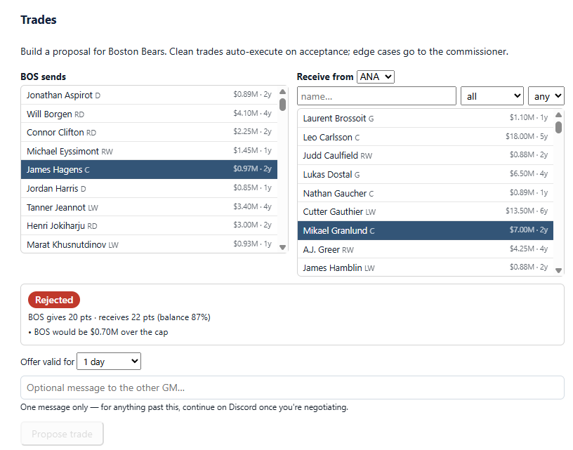A live trade proposal, cap-validated