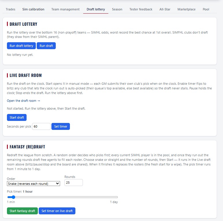 Draft lottery, live draft room, fantasy redraft